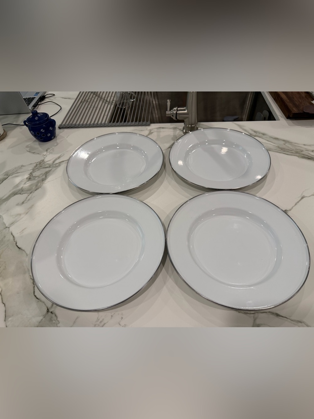 Pottery Barn White  Enamel 13” buffet dinner plate w/Silver Rim - Set of 4